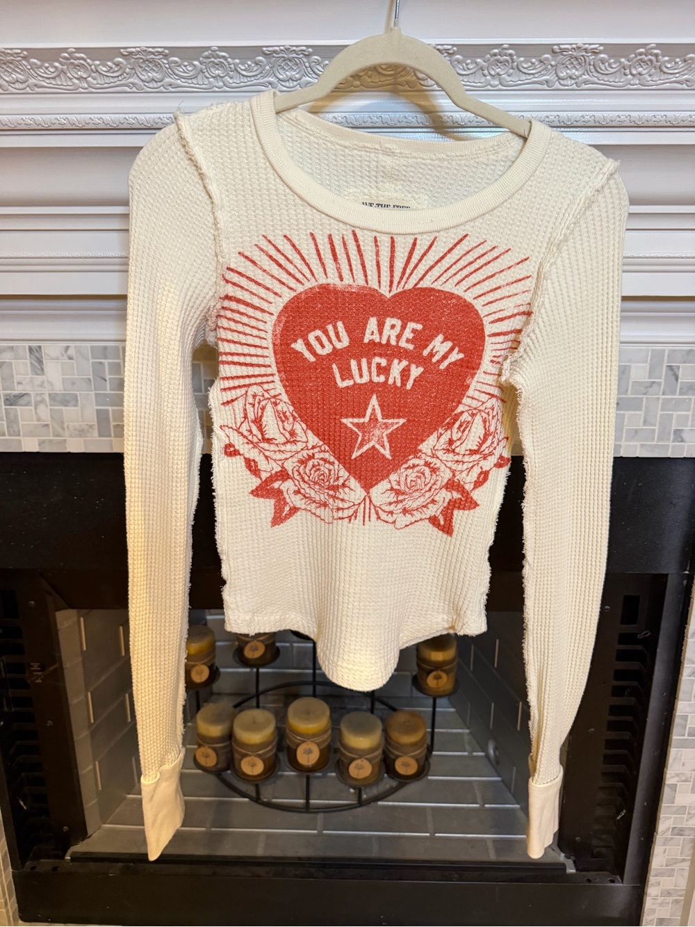 We The Free Cream Waffle-Knit Sweater with Red Heart Graphic